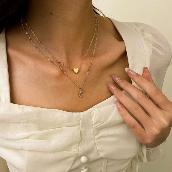 Gold 14k Gold Plated Heart & Moon CZ Layered Necklace - Picture 2 of 3